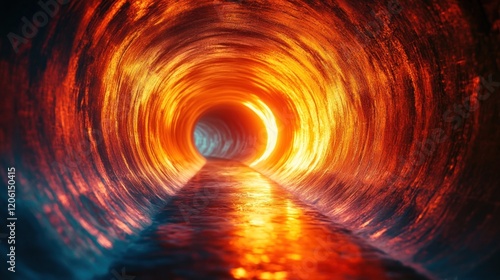 Fiery Circular Tunnel with Glowing Light and Liquid Reflections: An Abstract Journey Through a Glowing Passage