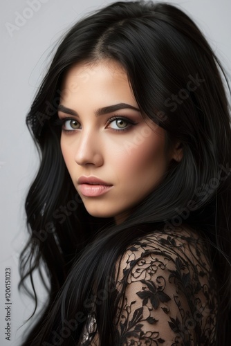 Elegant Dark-Haired Model with Striking Features in Various Fashion and Lifestyle Settings