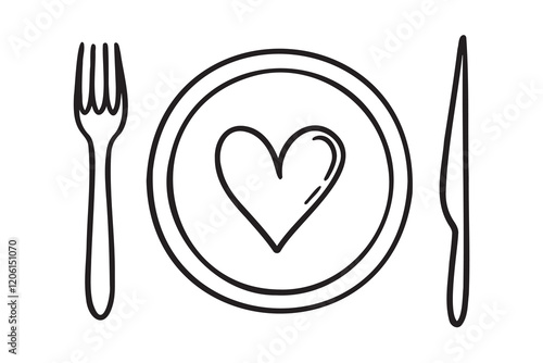tableware with love heart symbol doodle hand drawn icon. Outline drawing tableware line clipart symbol