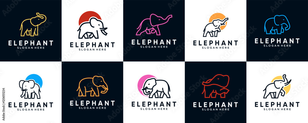 Naklejka premium elephant icon set with line art style, power, elegant, friendly, graphic design template.