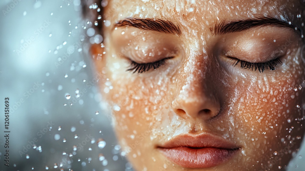 Close-Up of a Refreshing Woman’s Face with Water Droplets for a Natural and Rejuvenating Look Close-Up of a Refreshing Woman’s Face with Water Droplets for a Natural and Rejuvenating Look