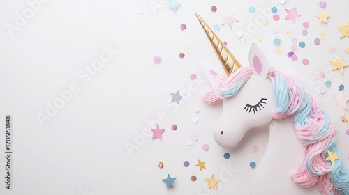 cute birthday card with funny pink unicorn and serpentine and glitter