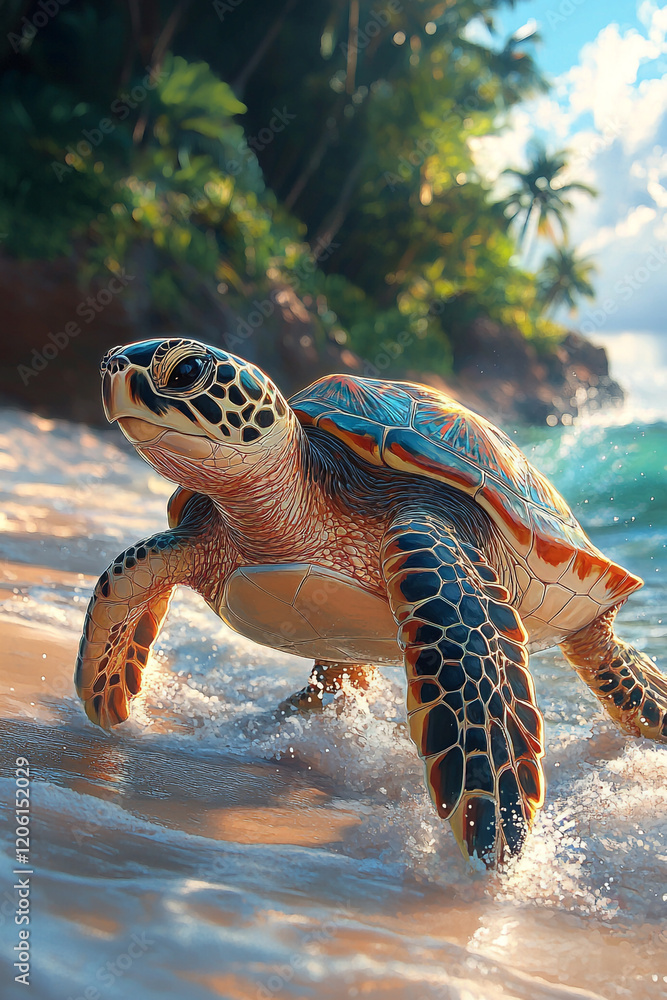 Obraz premium Sea Turtle Emerging From Ocean Waves Onto Sandy Beach