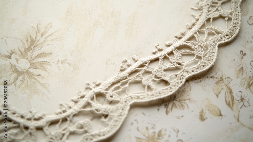 Obraz premium Delicate Vintage Lace Trim on Floral Pattern Paper for Wedding Invitations or Crafts