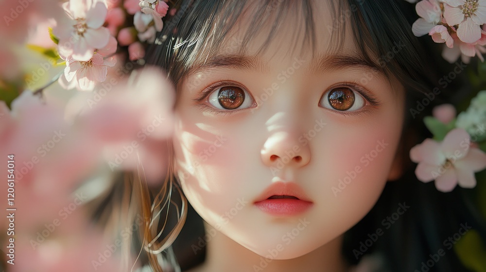 A young girl with brown eyes and a pink flower crown on her head. The image has a whimsical and playful mood A young girl with brown eyes and a pink flower crown on her head. The image has a whimsical and playful mood