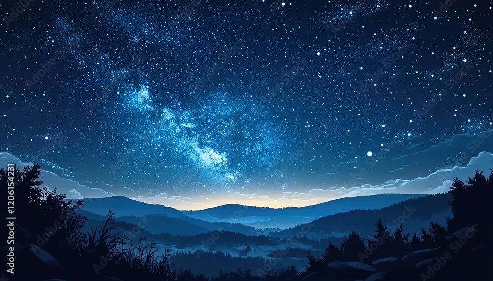 Starry night sky with the Milky Way, a vast expanse of stars in an open field. The view is from ground level, looking up at the starry sky. Starry night sky with the Milky Way, a vast expanse of stars in an open field. The view is from ground level, looking up at the starry sky.
