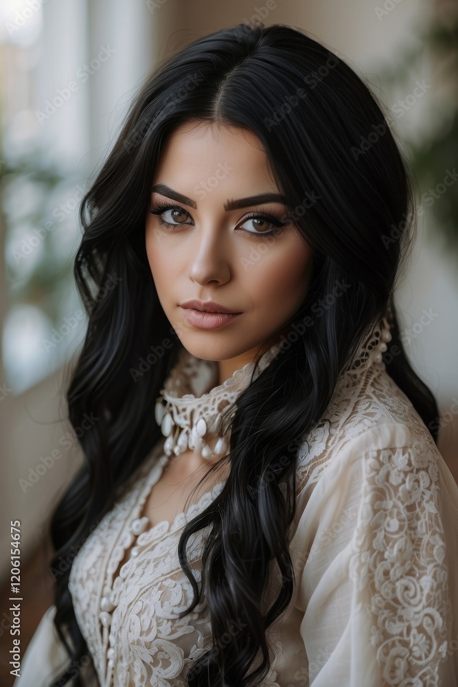 Captivating Female Portrait Elegant Dark-Haired Model with Striking Features in Various Fashion and Lifestyle Settings Captivating Female Portrait Elegant Dark-Haired Model with Striking Features in Various Fashion and Lifestyle Settings