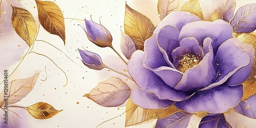 Watercolor purple rose with gold leaves and flowers, splashes of watercolor, gold foil accents.  photo