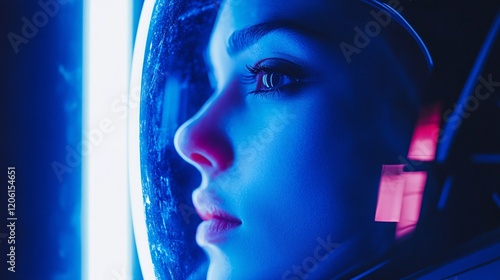 Futuristic Astronaut Woman in a Neon Blue Helmet Gazing into Space photo