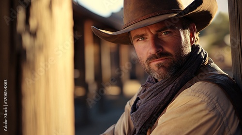 Intense Cowboy Portrait in Warm Rustic Lighting and Classic Hat photo