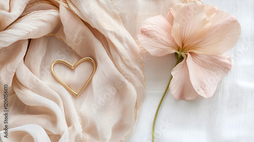 Delicate gold heart and blush pink flower on soft fabric. Romantic and elegant still life.