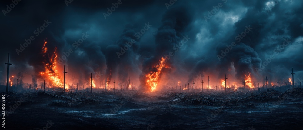 Dramatic Landscape of Fiery Flames and Dark Clouds over a Chaotic Ocean Scene at Dusk