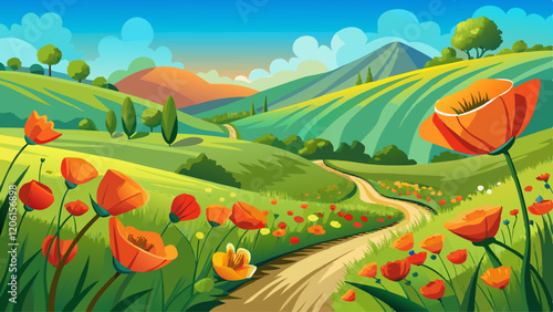 Poppies and green hills line the trails in spring at Chino Hills park