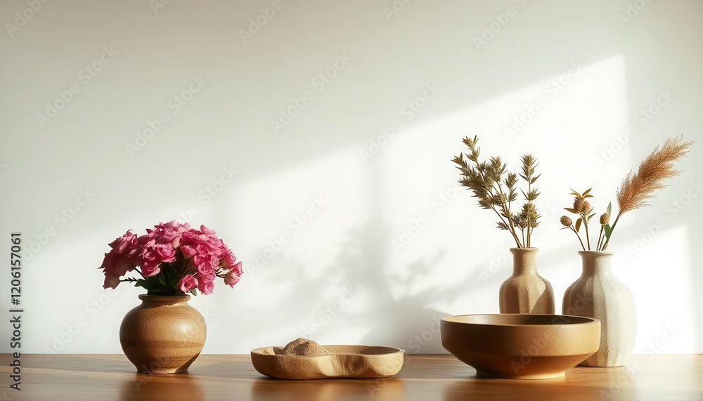 Fototapeta premium Elegant floral arrangement on wooden table minimalist interior design natural light peaceful atmosphere