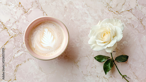 Latte art and a white rose on a marble surface. A peaceful and elegant morning scene.