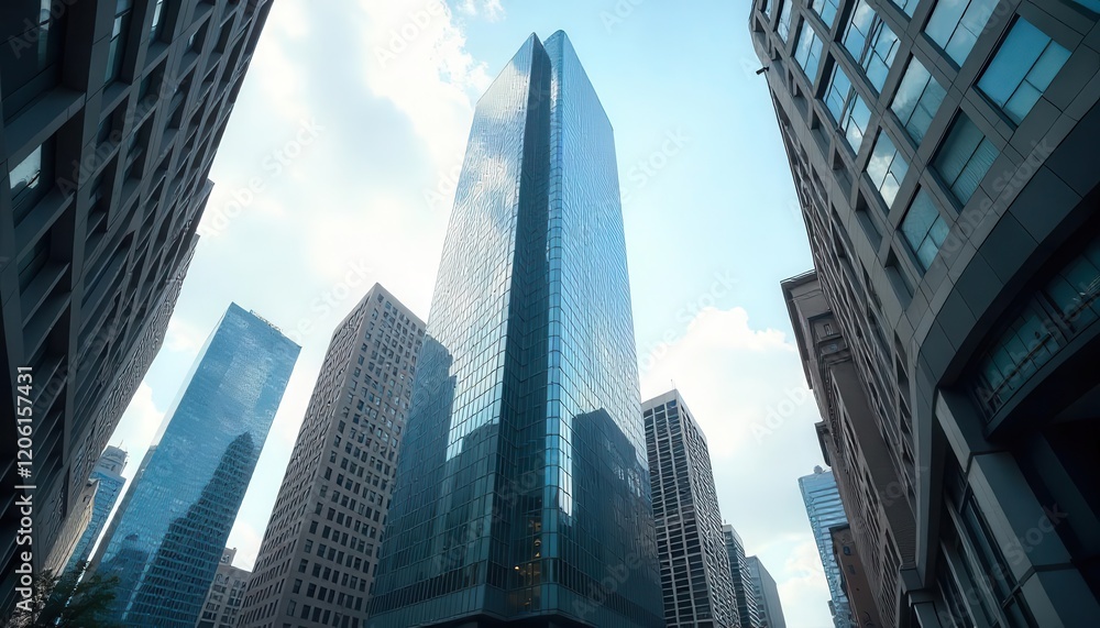 Fototapeta premium Skyscraper reflection in urban landscape downtown city architectural photography clear skies low angle modern design