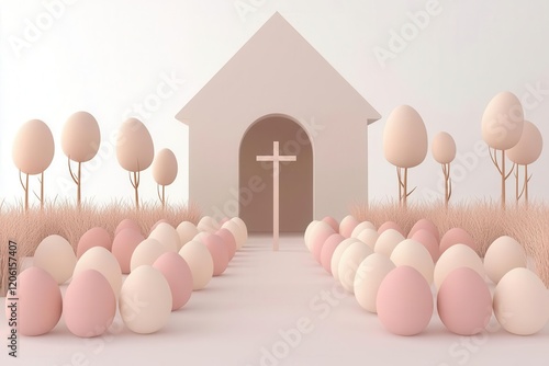 Pastel themed church with decorated eggs for seasonal celebration.