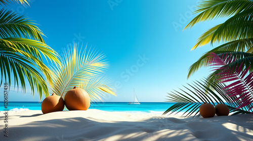 Tropical beach with palm trees and ocean waves on a sunny day photo