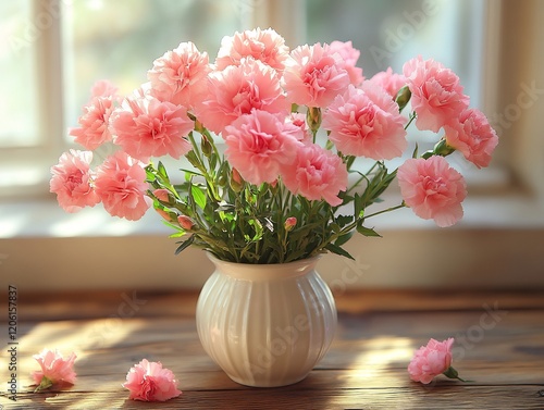 Wallpaper Mural Beautiful pink carnations a white vase placed on a wooden table natural light and shadows romantic decor Torontodigital.ca
