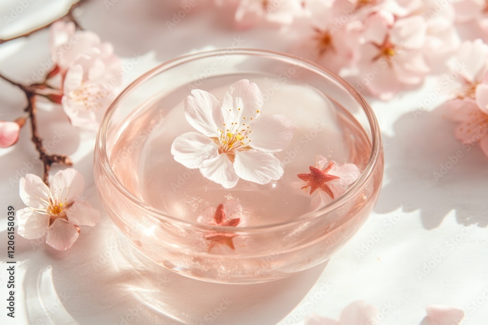 Sakura-infused Jelly With Cherry Blossom in a Clear Bowl on a White Table Sakura-infused Jelly With Cherry Blossom in a Clear Bowl on a White Table