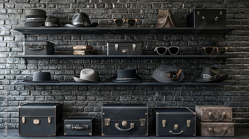 Stylish black accessories and luggage displayed on shelves against a dark brick wall. Stylish black accessories and luggage displayed on shelves against a dark brick wall.