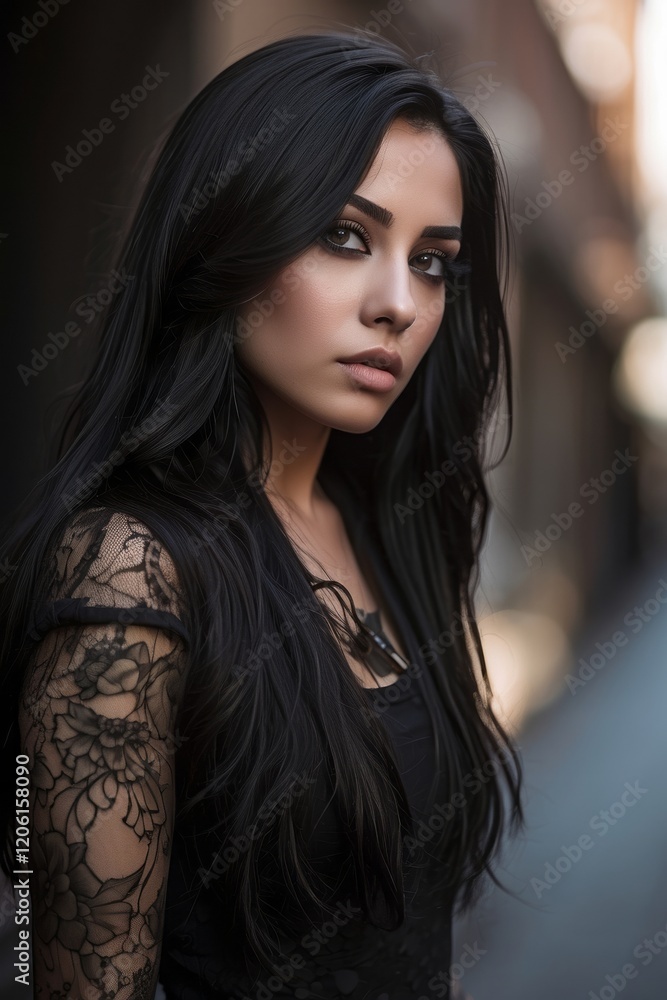 Captivating Female Portrait Elegant Dark-Haired Model with Striking Features in Various Fashion and Lifestyle Settings Captivating Female Portrait Elegant Dark-Haired Model with Striking Features in Various Fashion and Lifestyle Settings