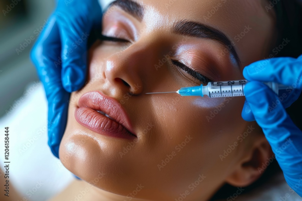 A person lies with eyes closed while a needle is near their cheek. Concept involves beauty and medical procedure. For skincare or cosmetic treatment ads. A person lies with eyes closed while a needle is near their cheek. Concept involves beauty and medical procedure. For skincare or cosmetic treatment ads.
