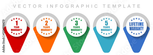 Business pointer collection, miscellaneous icons such as 1, 2, 3, 5 and lifetime warranty, flat design vector infographic template in eps 10