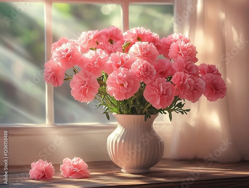 Wallpaper Mural Beautiful pink carnations a white vase placed on a wooden table natural light and shadows romantic decor Torontodigital.ca