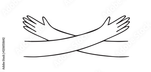 Hugging hands doodle hand drawn icon. Embrace arms support and help sign concept. Self care and love outline drawing line clipart symbol