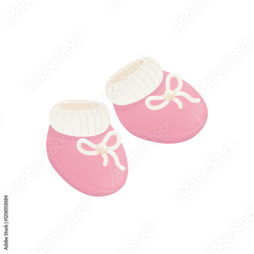 Pink baby booties in flat design. Small knitted shoes for newborn girl. Vector illustration isolated.