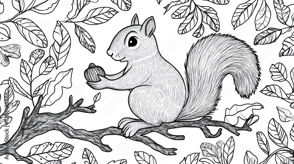 Fototapeta premium Whimsical animal design featuring a squirrel holding an acorn, with tree branches and leaves surrounding it, drawn in a cartoonish style for a fun coloring page 