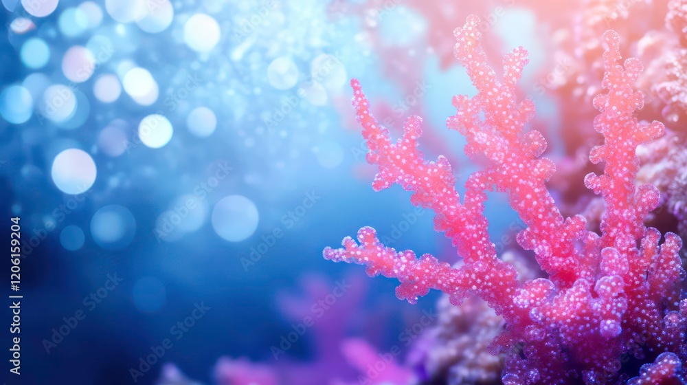 Vibrant pink coral reef underwater with bokeh lights. Vibrant pink coral reef underwater with bokeh lights.