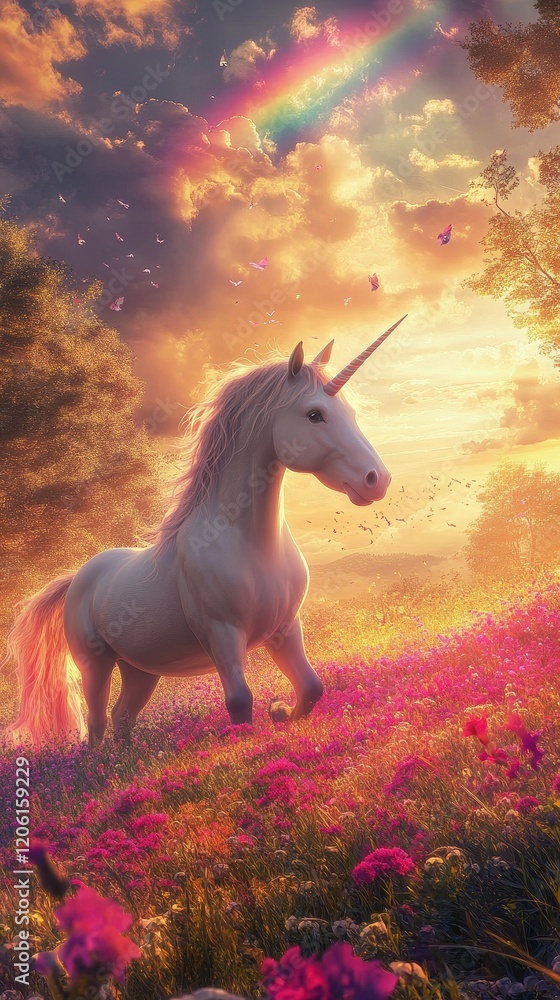Majestic unicorn frolics through a vibrant meadow at sunset, surrounded by colorful wildflowers. Generative AI Majestic unicorn frolics through a vibrant meadow at sunset, surrounded by colorful wildflowers. Generative AI