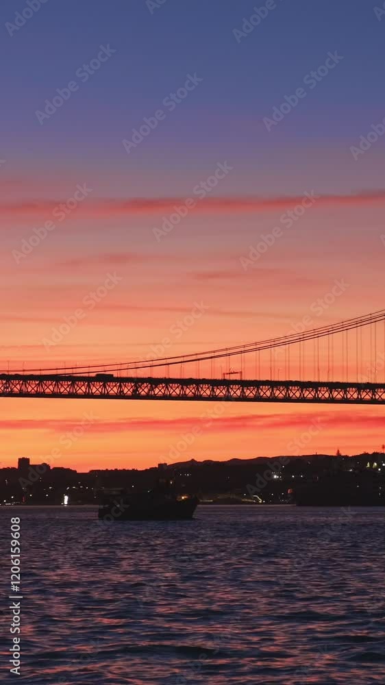 View of 25 de Abril Bridge famous tourist landmark of Lisbon connecting Lisboa and Almada on Setubal Peninsula over Tagus river with passing tourist yacht boat silhouette on sunset. Lisbon, Portugal View of 25 de Abril Bridge famous tourist landmark of Lisbon connecting Lisboa and Almada on Setubal Peninsula over Tagus river with passing tourist yacht boat silhouette on sunset. Lisbon, Portugal