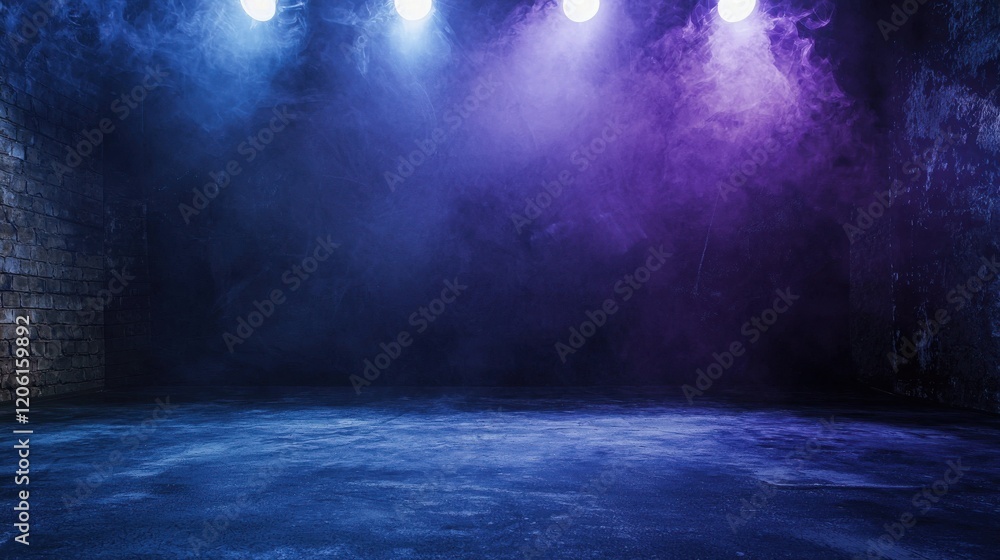 Moody, atmospheric scene with purple and blue neon lighting illuminating a grungy brick wall and empty floor. Perfect for a mysterious backdrop. Moody, atmospheric scene with purple and blue neon lighting illuminating a grungy brick wall and empty floor. Perfect for a mysterious backdrop.