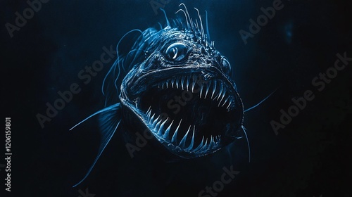 Terrifying Deep-Sea Anglerfish in Mysterious Dark Ocean Environment photo