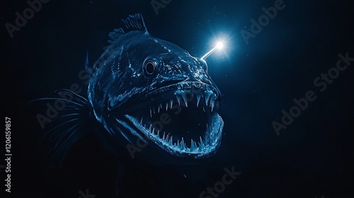 Terrifying Deep-Sea Anglerfish in Mysterious Dark Ocean Environment photo