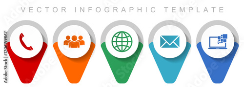 Social media and communication pointer collection, miscellaneous icons such as people, globe, phone, e-mail and notebook, flat design vector infographic template in eps 10