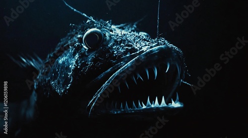 Terrifying Deep-Sea Anglerfish in Mysterious Dark Ocean Environment photo