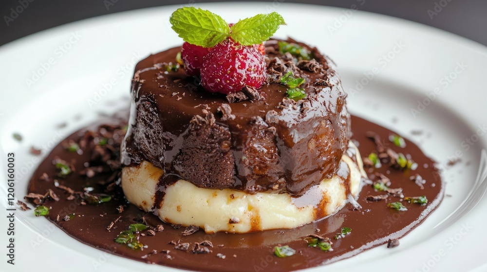Chocolate dessert with raspberry, mint, and custard, plated elegantly. Food photography for menus or blogs Chocolate dessert with raspberry, mint, and custard, plated elegantly. Food photography for menus or blogs