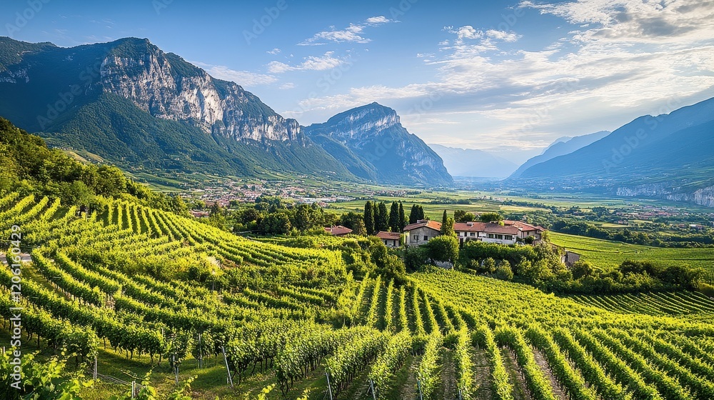 Breathtaking vineyard landscape nestled in the mountains during a warm summer afternoon. Generative AI