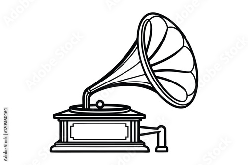 A black and white line art illustration of a classic vintage gramophone with an intricate horn speaker.eps