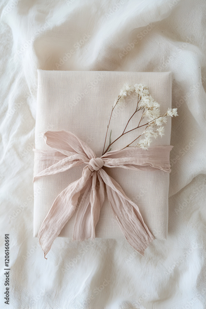 Elegant gift wrapped in beige fabric with a blush pink ribbon and delicate dried flowers. Elegant gift wrapped in beige fabric with a blush pink ribbon and delicate dried flowers.
