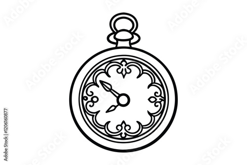 A black and white line art illustration of a vintage pocket watch.eps