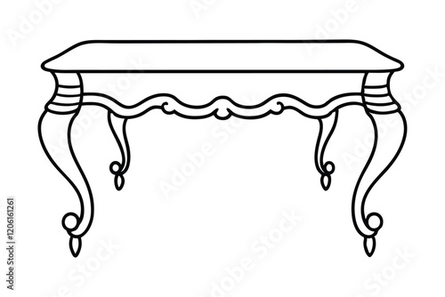 A black and white line art illustration of an antique wooden dining table.eps