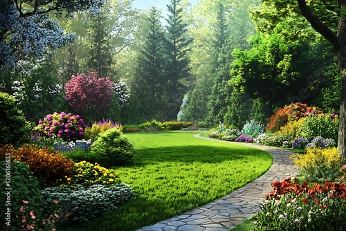 Lush garden with vibrant flowers and winding path in serene nature.
