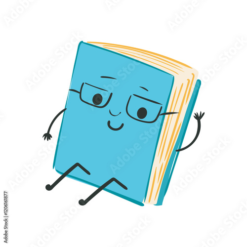 Cute book in glasses in flat design. Happy library character with face. Vector illustration isolated.