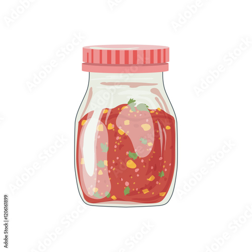 Tomato sauce in jar in flat design. Hot red salsa condiment for cooking. Vector illustration isolated.