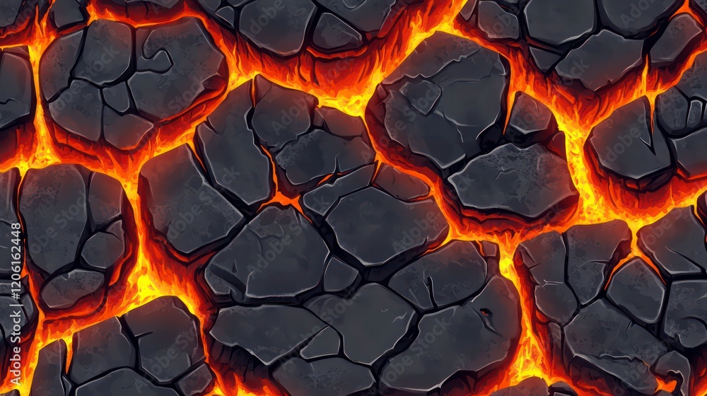 Seamless texture of cracked dark stone with glowing orange lava flowing through crevices. Seamless texture of cracked dark stone with glowing orange lava flowing through crevices.